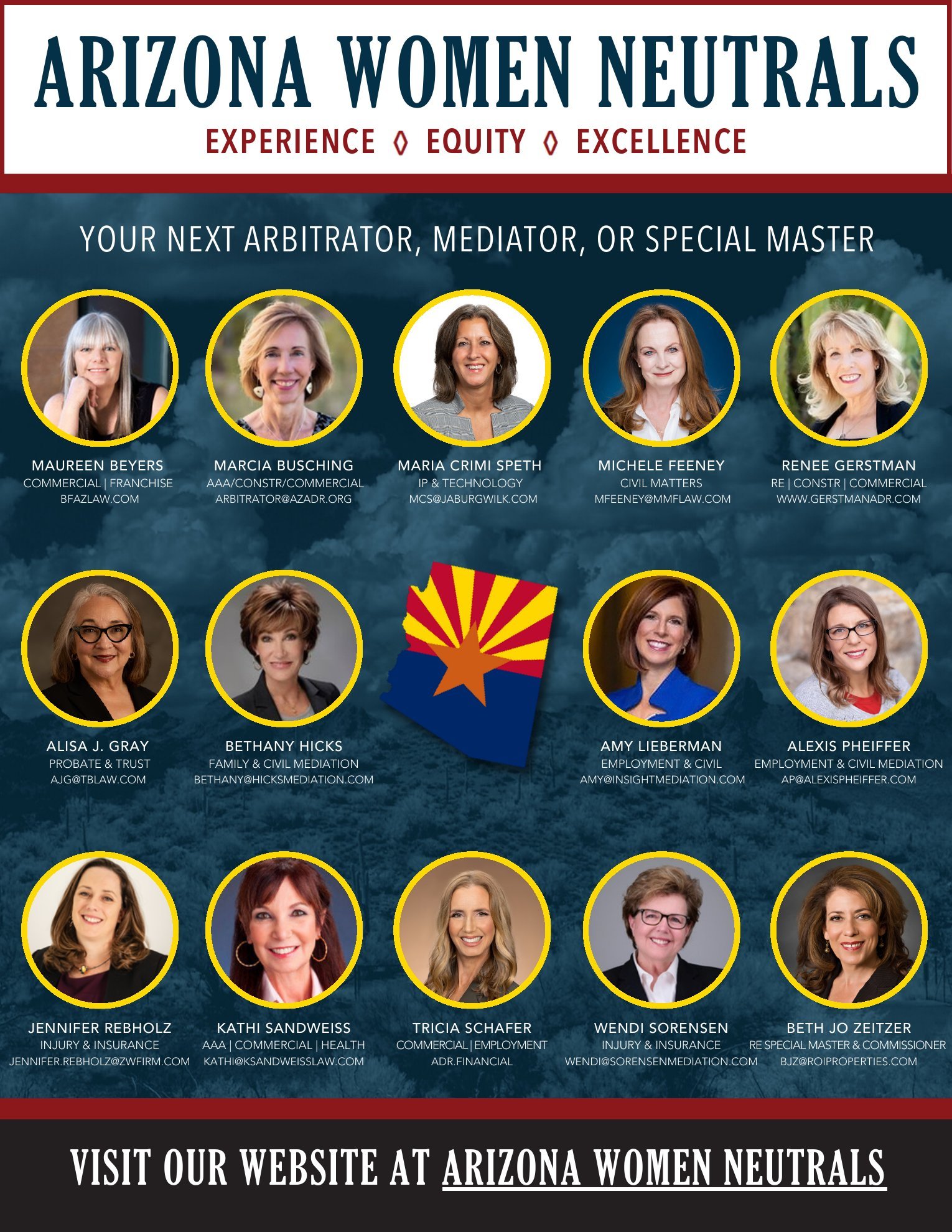 Arizona Women Neutrals. Experience, Equity, Excellence. Your next arbitrator, mediator, or special master: Maureen Beyers, Marcia Busching, Maria Crimi Speth, Michele Feeney, Renee Gerstman, Alisa J. Gray, Bethany Hicks, Amy Lieberman, Alexis Pheiffer, Jennifer Rebholz, Kathi Sandweiss, Tricia Schafer, Wendi Sorensen, Beth Jo Zeitzer.